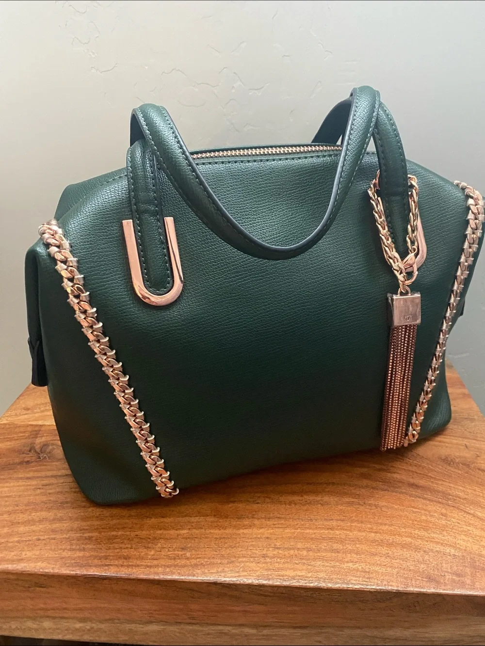Dune London Dark Green Satchel with Rose Gold Chain Trim
